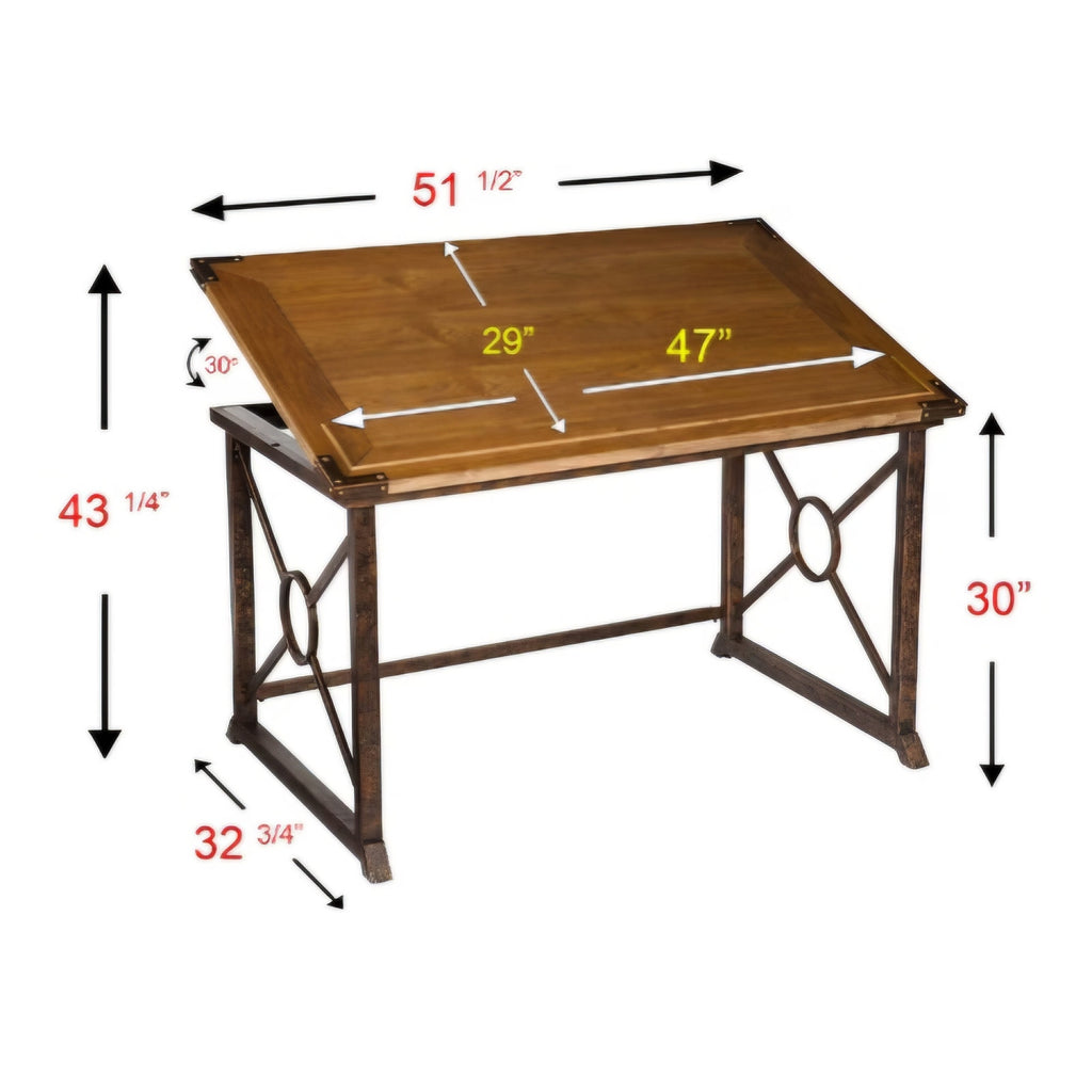 SEI FURNITURE Knightley Tilt Top Drafting Table - 51.5 inch Wide - Oak Wood Finish w/ Antique Brass