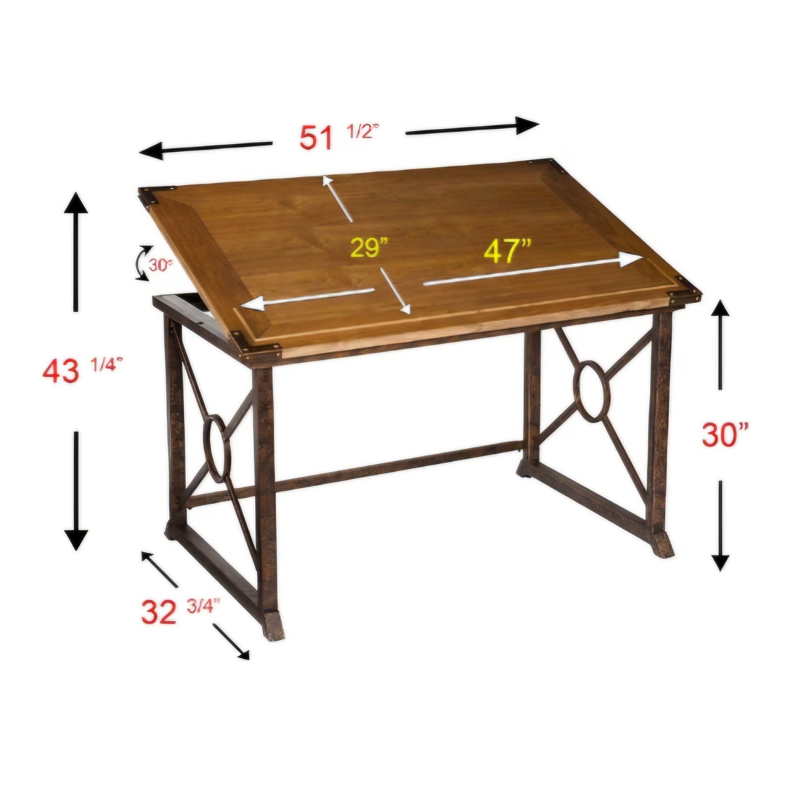 SEI FURNITURE Knightley Tilt Top Drafting Table - 51.5 inch Wide - Oak Wood Finish w/ Antique Brass