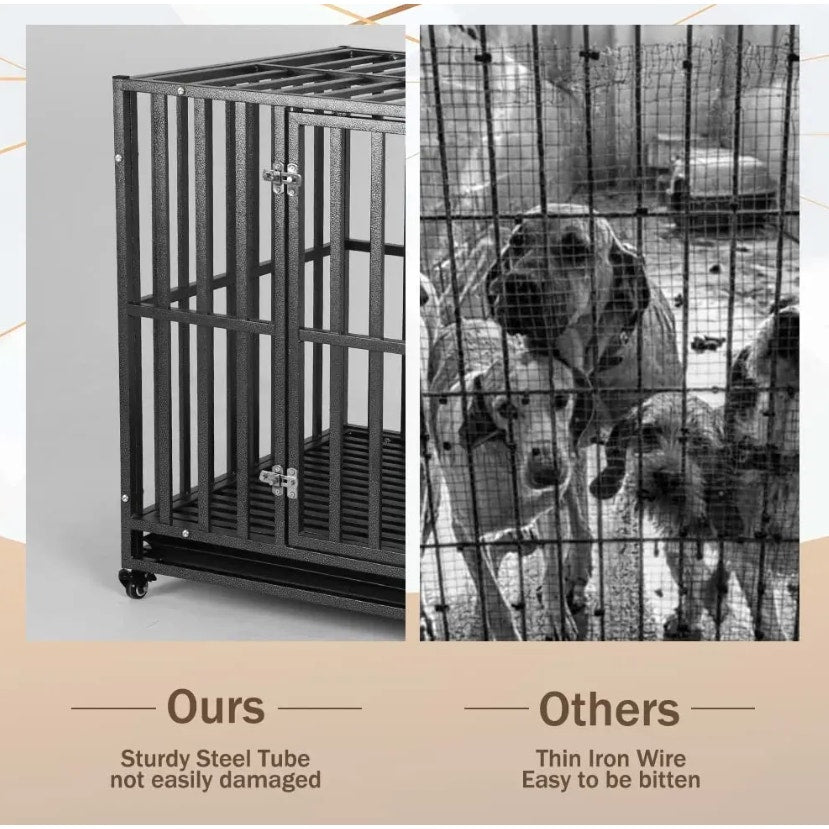 LUCKUP Heavy Duty Dog Cage - with 2 Doors and 4 Wheels