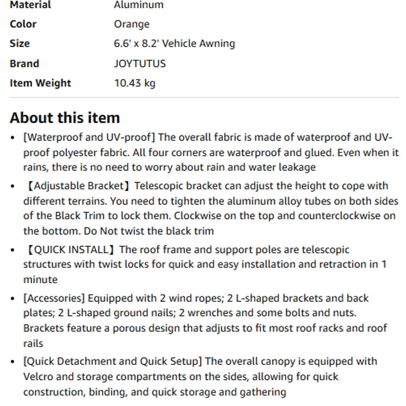 JOYTUTUS Vehicle Awning 6.6'x8.2' Roof Rack Pull-Out Sun Shade UV50+, Weatherproof 4x4 Side