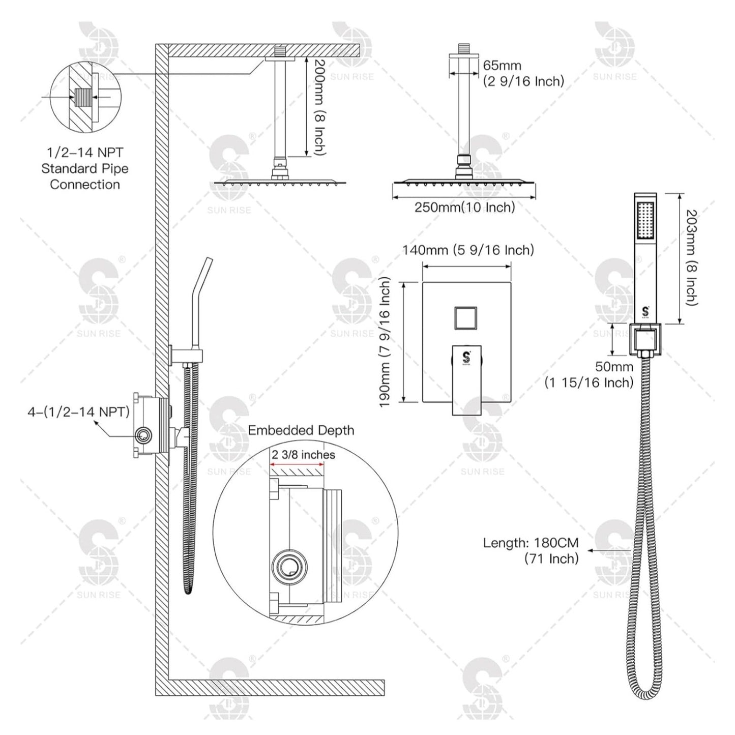 SR SUN RISE 10 Inch Ceiling Mounted Shower System Rain Mixer Shower Combo Set Rainfall Shower Head