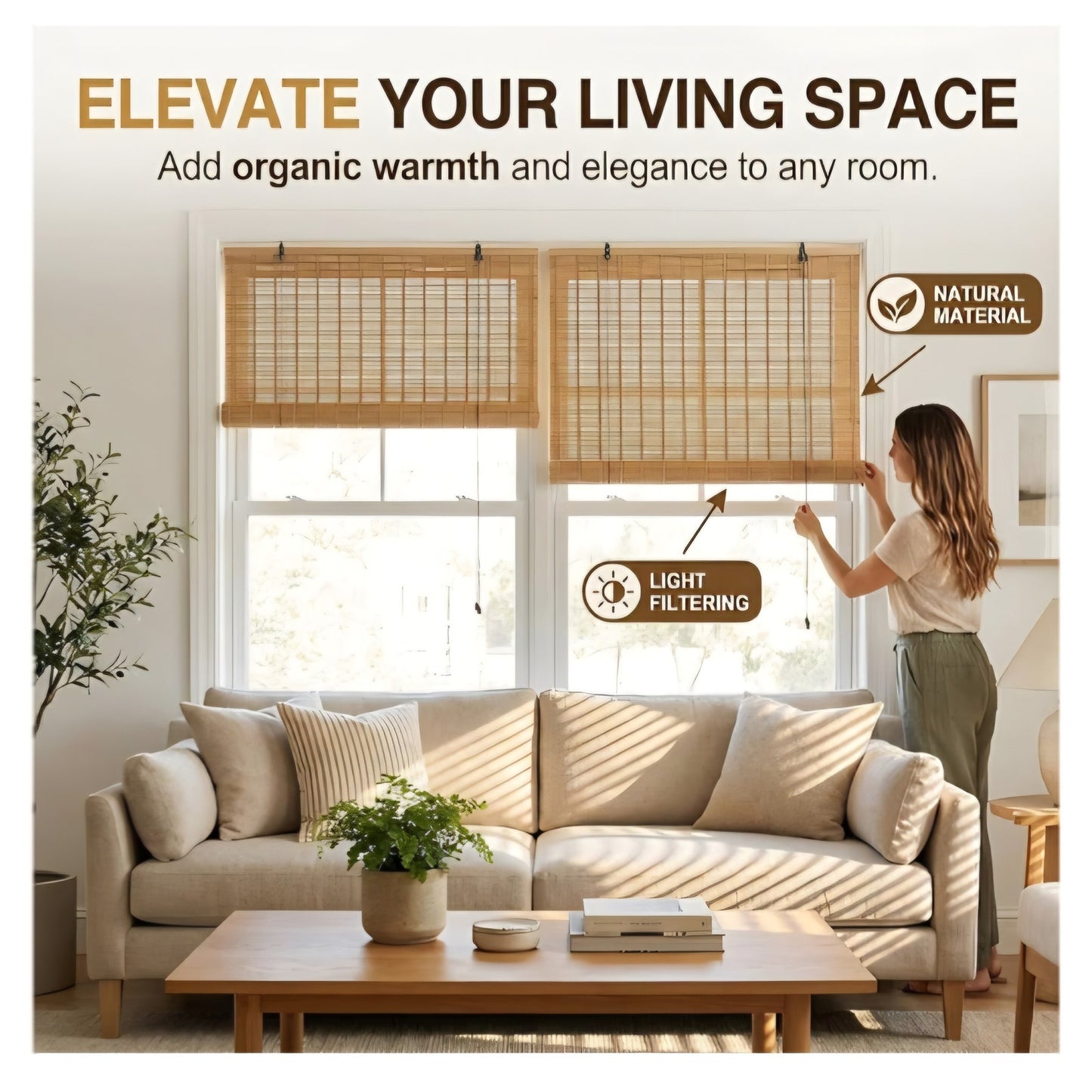 Bamboo Blinds for Interior Window, 70"W x48"H  Bamboo Shades for Indoor Windows