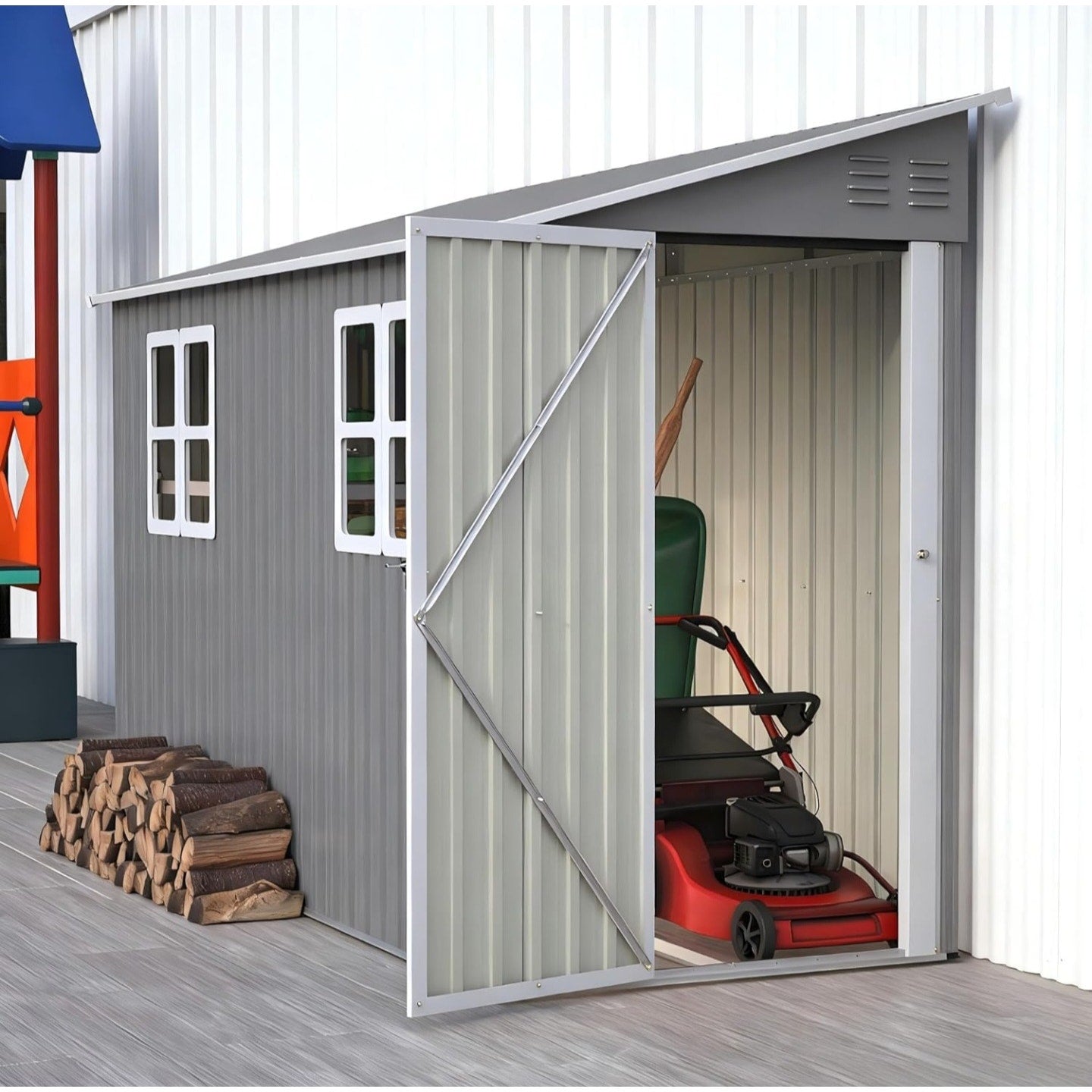 4 x 10 FT Metal Outdoor Storage Shed with Windows and Foundation, Lean to Storage Sheds w/Lockable