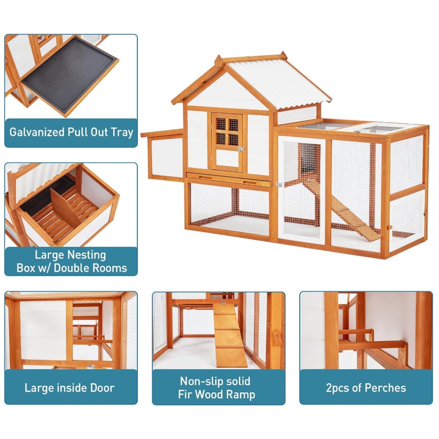PioneerWorks Outdoor Chicken Coop Wooden Hen House with Run, Poultry Cage w/Ramps, Nesting Box