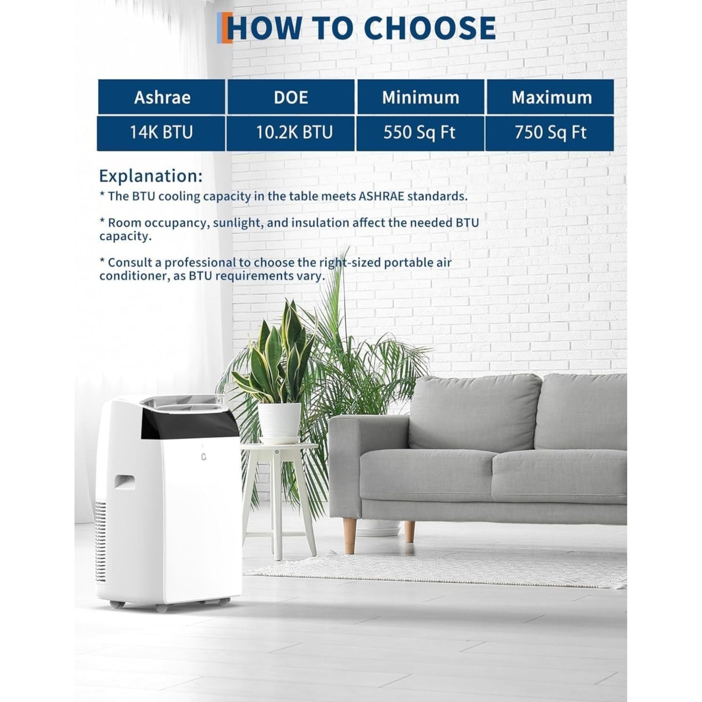 14,000 BTU Portable Air Conditioner - Cools 750 Sq.Ft, 3-in-1 Portable AC (ASHRAE) Dehumidifier Fan, Remote Control Window Kit, Quiet Portable Air Conditioners for Bedroom 48dB for Home, Office