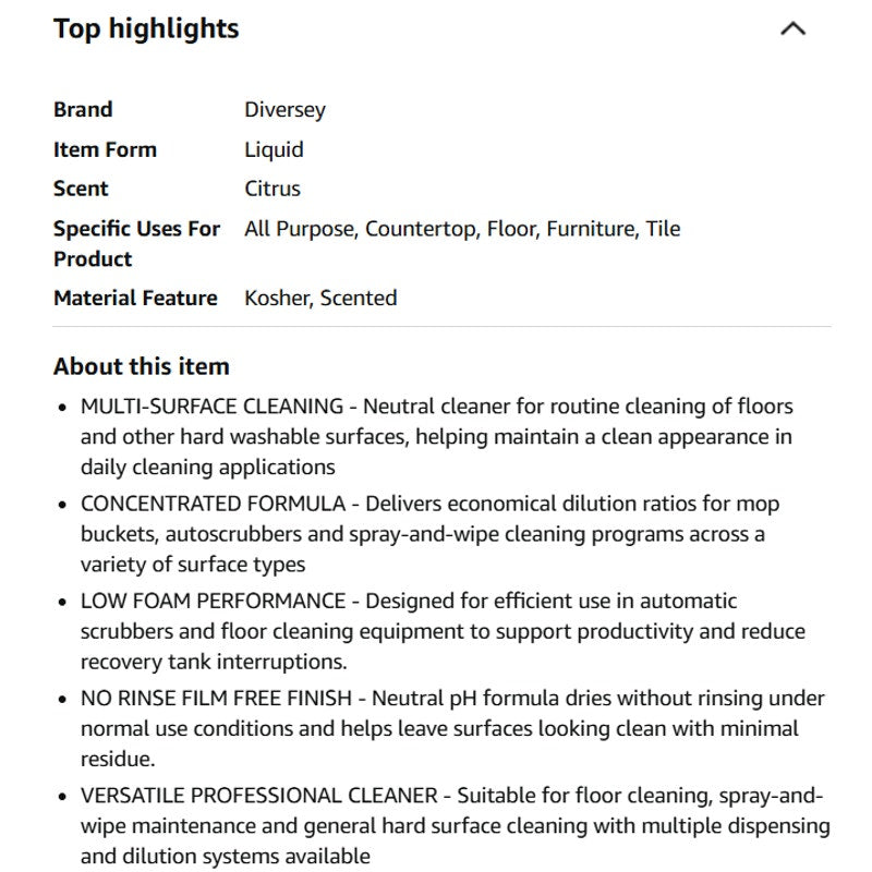 Diversey Stride Citrus Neutral Cleaner, 1 Gallon, Low Foam, Citrus Scent, Size 128 Fl Oz (Pack of 1)