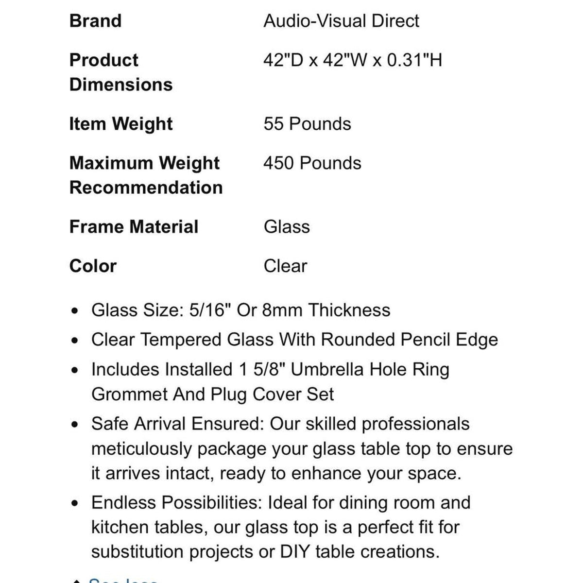 Audio-Visual Direct Tempered Glass Table Top with Rounded Edge (42" with 1 5/8 Center Hole)