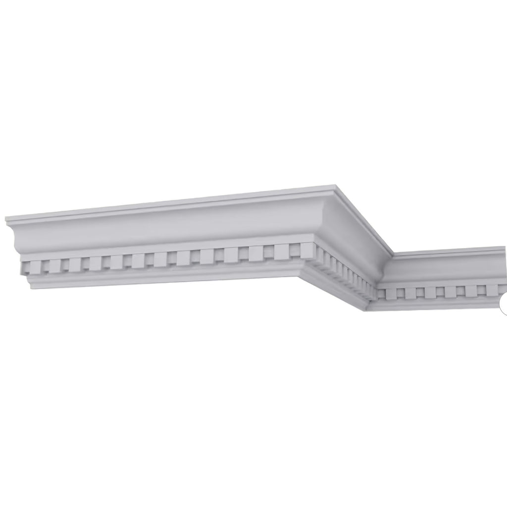 Endurathane Dentil Crown Moulding, 4 3/8"H x 3 1/2"P x 5 5/8"F x 94 1/2"L, Factory Primed