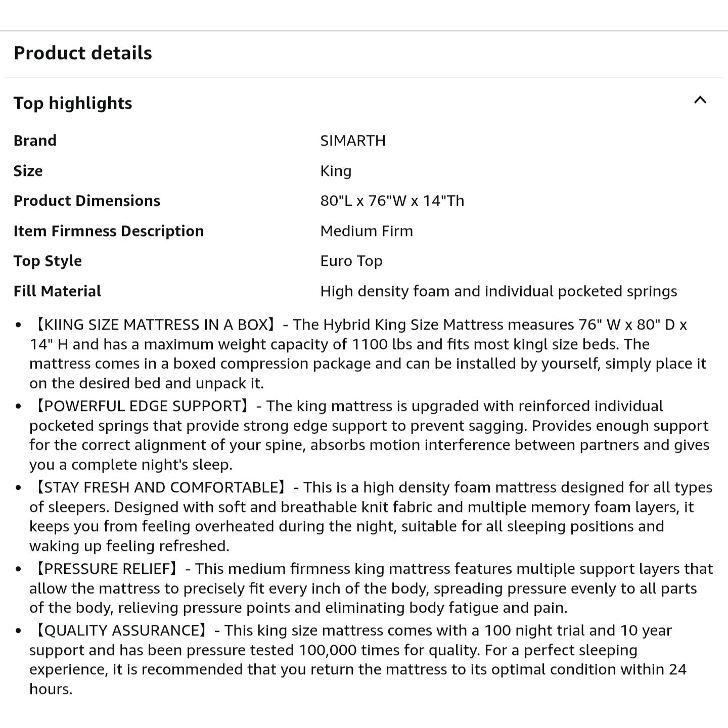 King Mattress 14 Inch, Strengthened King Size Hybrid Mattresses in a Box with Gel Memory Foam