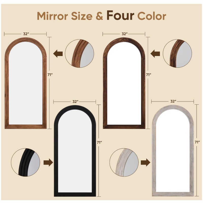Full Length Mirror 71"x32", Arched Solid Wood Frame with Stand