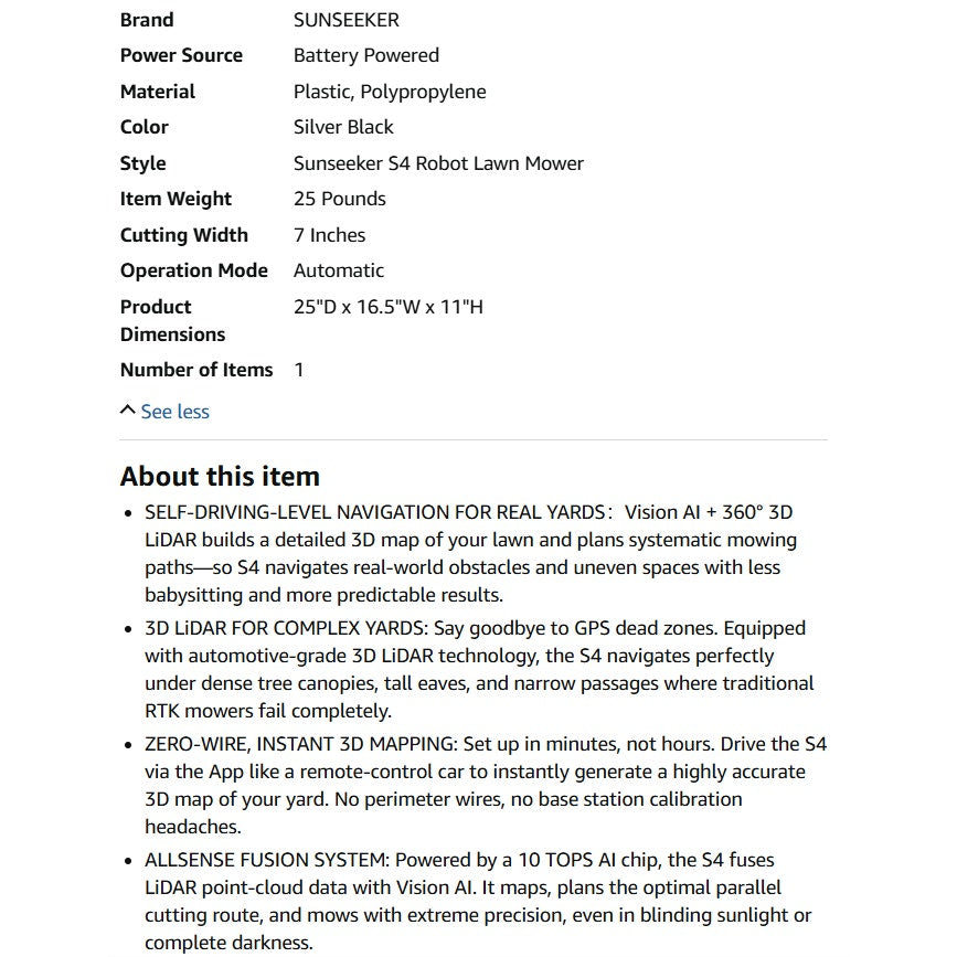 Sunseeker S4 LiDAR Robot Lawn Mower for Up to 0.25 Acre (1000 m²), Vision AI + 360° 3D LiDAR GPS
