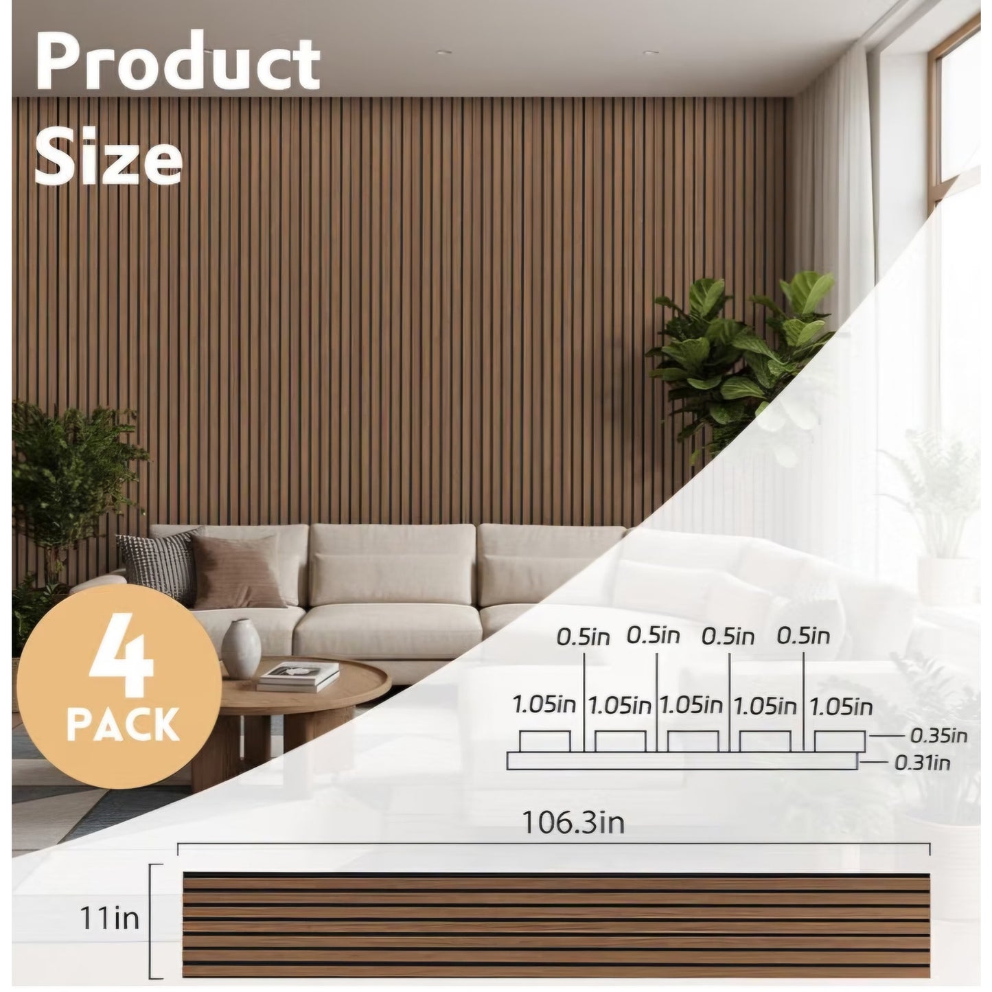 4 Pack Wood Panels for Wall, 106.3" × 11" Wood Slat Acoustic Panels for Wall, (Walnut)