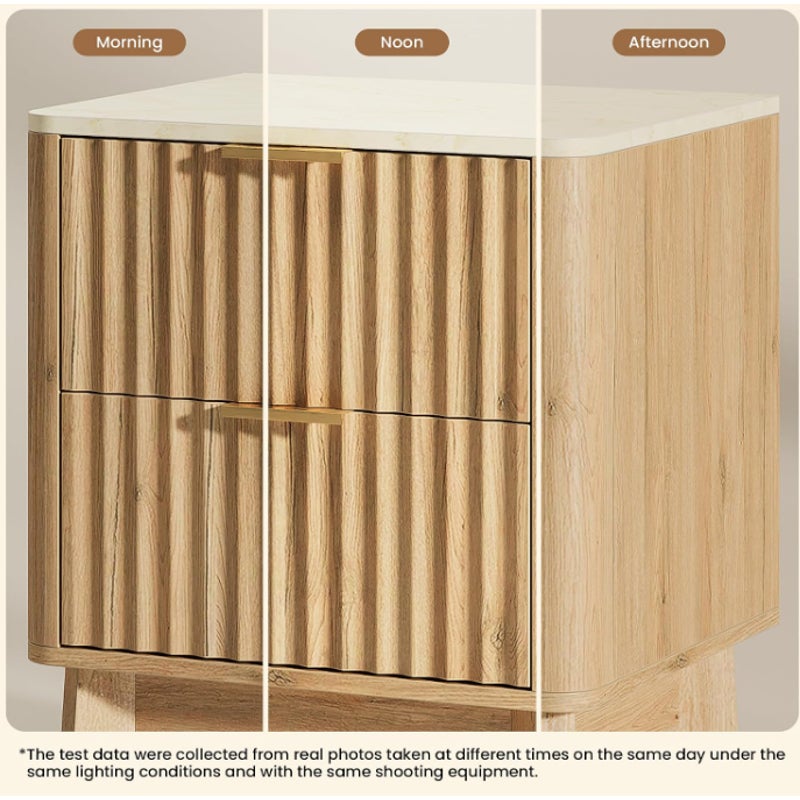 Fluted Nightstand Set of 2 with Faux Marble Top,Natural Oak