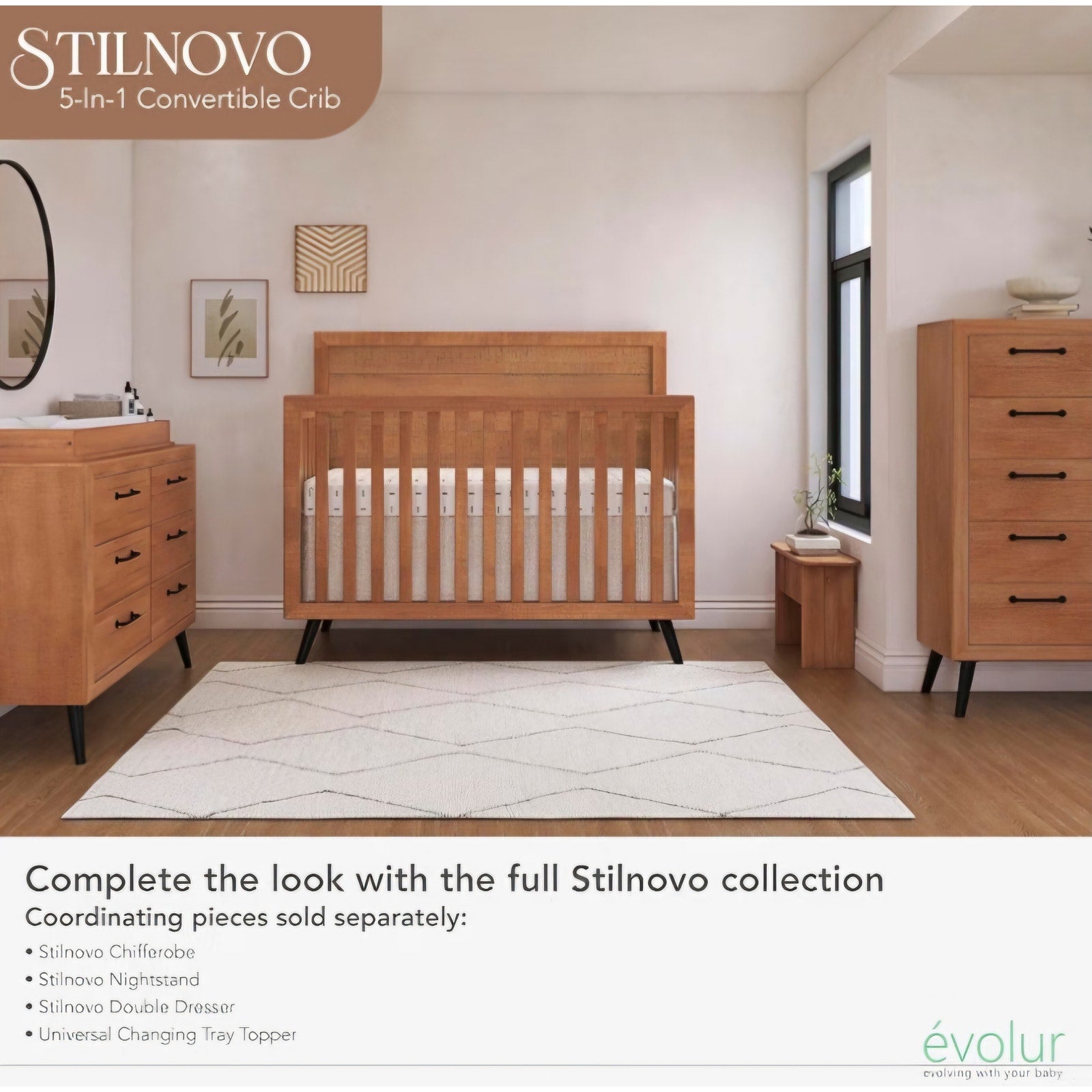 Evolur Stilnovo Mid-Century 4-in-1 Convertible Crib in Sugarcane – Greenguard Gold Certified, Solid Wood