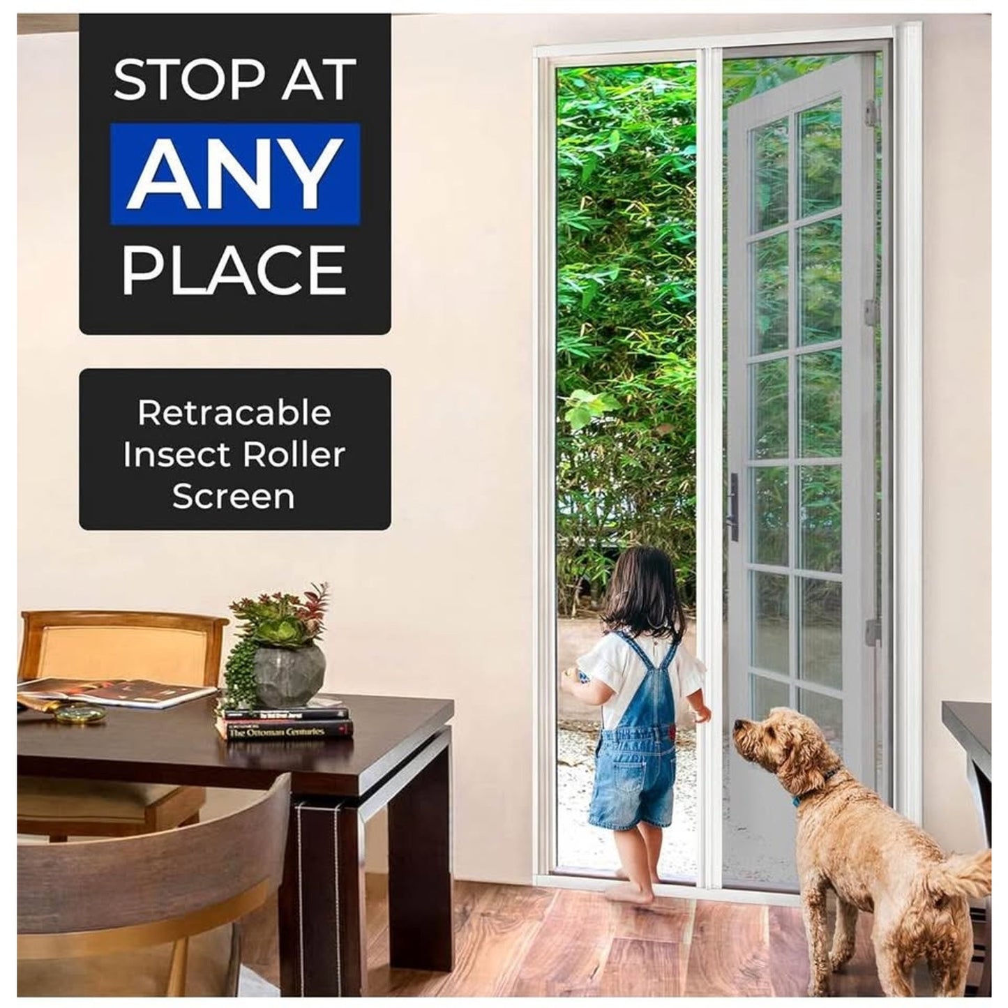 Retractable Door Screen for Single Door, Free Stop Sliding Patio Doors - Durable White Aluminium Fra