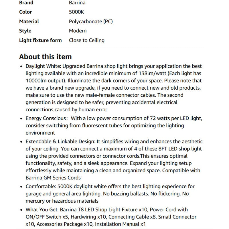 Barrina LED Shop Lights 8FT, 72W 10000LM 5000K, Daylight White, T8 LED Garage Lights, Plug, 10 Packs