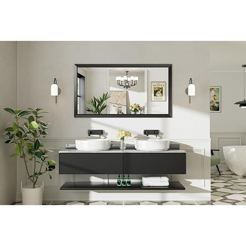 55x30 Inch Black Bathroom Mirror for Wall,Thick Metal Framed Rectangle, Anti-Rust,HD Tempered Glass