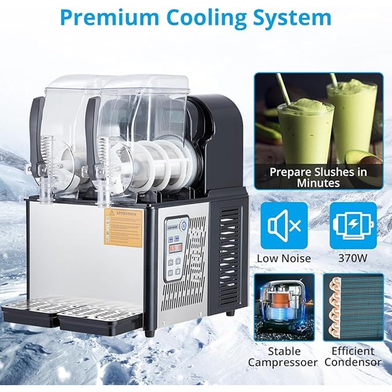4Lx2Tank Commercial Slushie Machine, 370W Stainless Steel Slushy Machine for Cocktail, Black