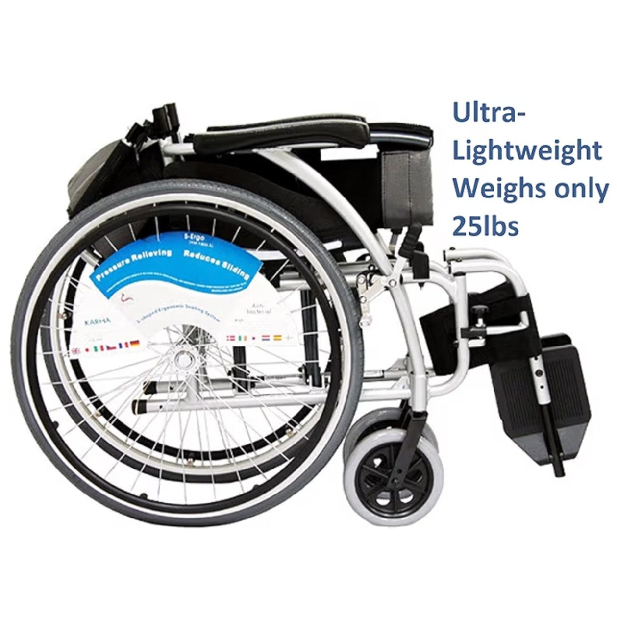 Karman K-115 25 lbs Ultra Light Ergonomic Wheelchair with Removable Footrest Silver Color