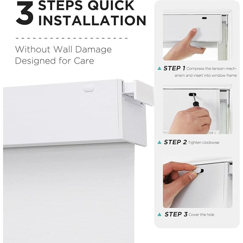Joydeco No Drill Blackout Shades, Free-Stop Cordless Roller Shades,  (White, 23" W x 75" H).