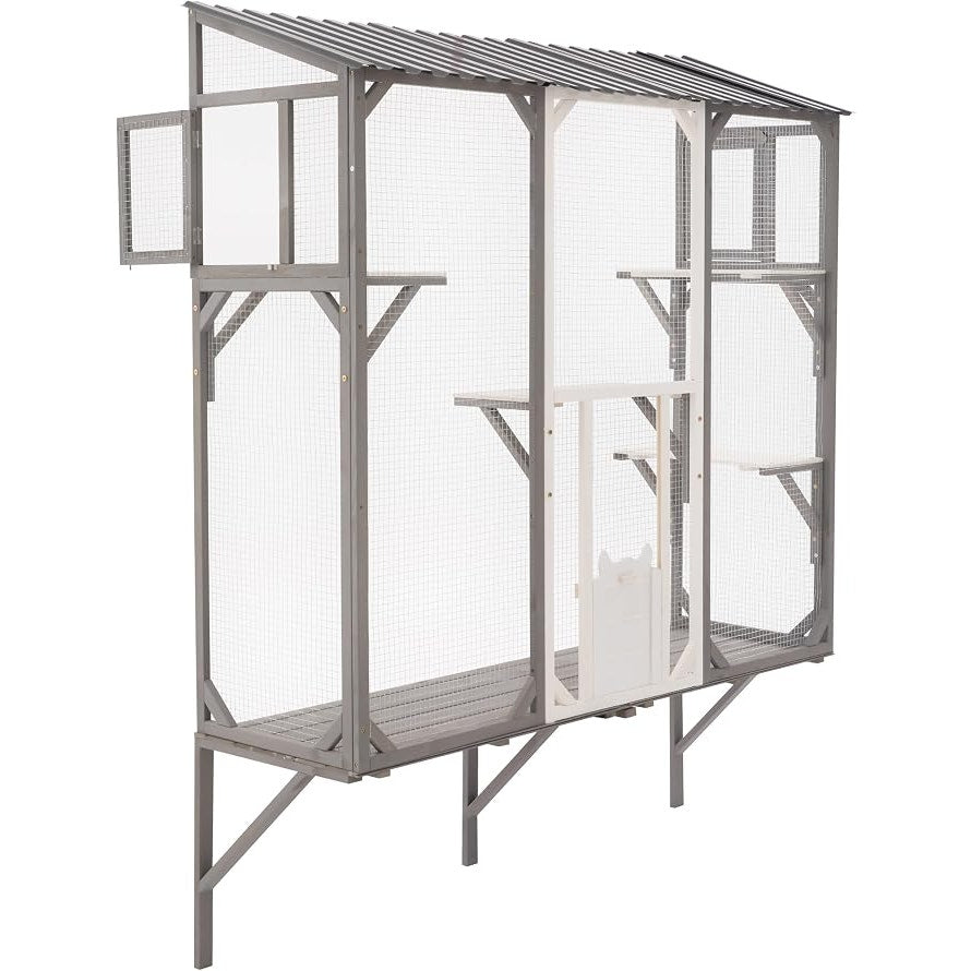 Window Mounted Cat Enclosure Outdoor Catio with 4 Platforms, Wooden, Wire Mesh, Grey & White