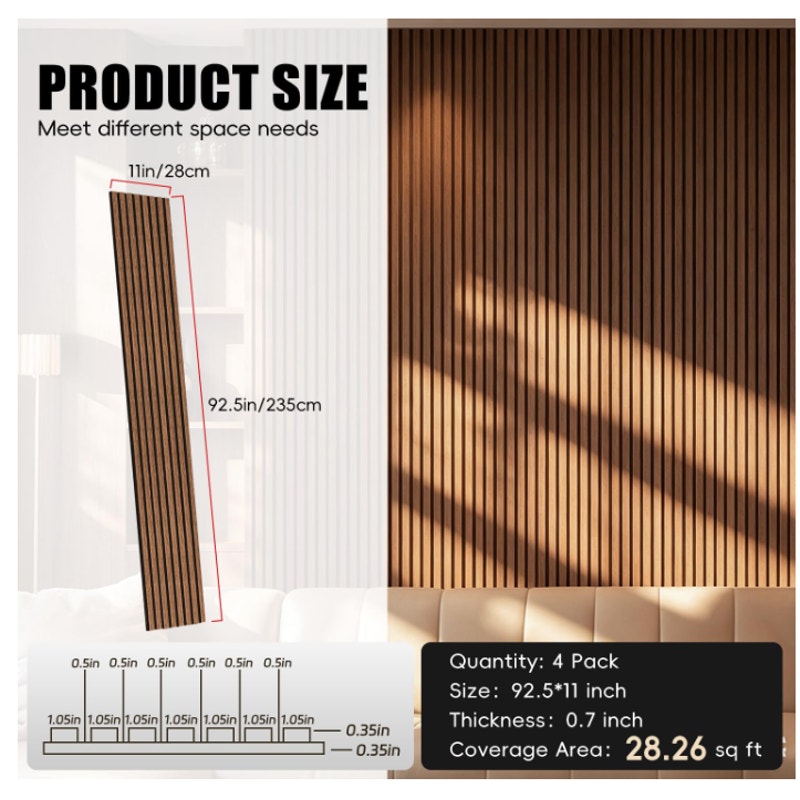 RITOLLO Wood Panels for Wall, Acoustic Wall Panels 92.5 x 11 in, 4 Pack