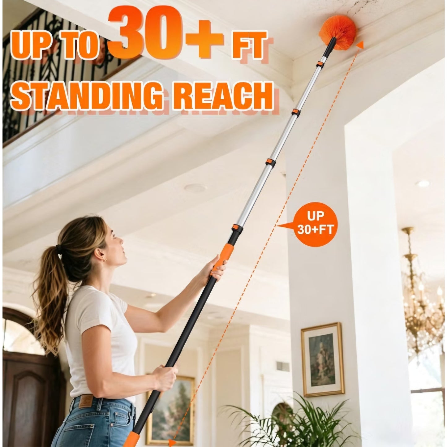 LAANPOLE 30FT Cobweb Duster with Extension Pole, Spider Web Brush for Cleaning Extendable