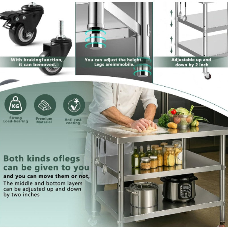 Stainless Steel Table with Wheels for Food Preparation and Work, (60" Lx32 Wx34 H)