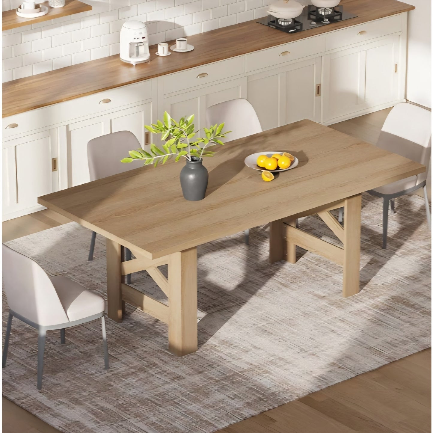 Long Dining Table for 6-8, Farmhouse Wooden Barn Kitchen Table for 6, Triangular Legs