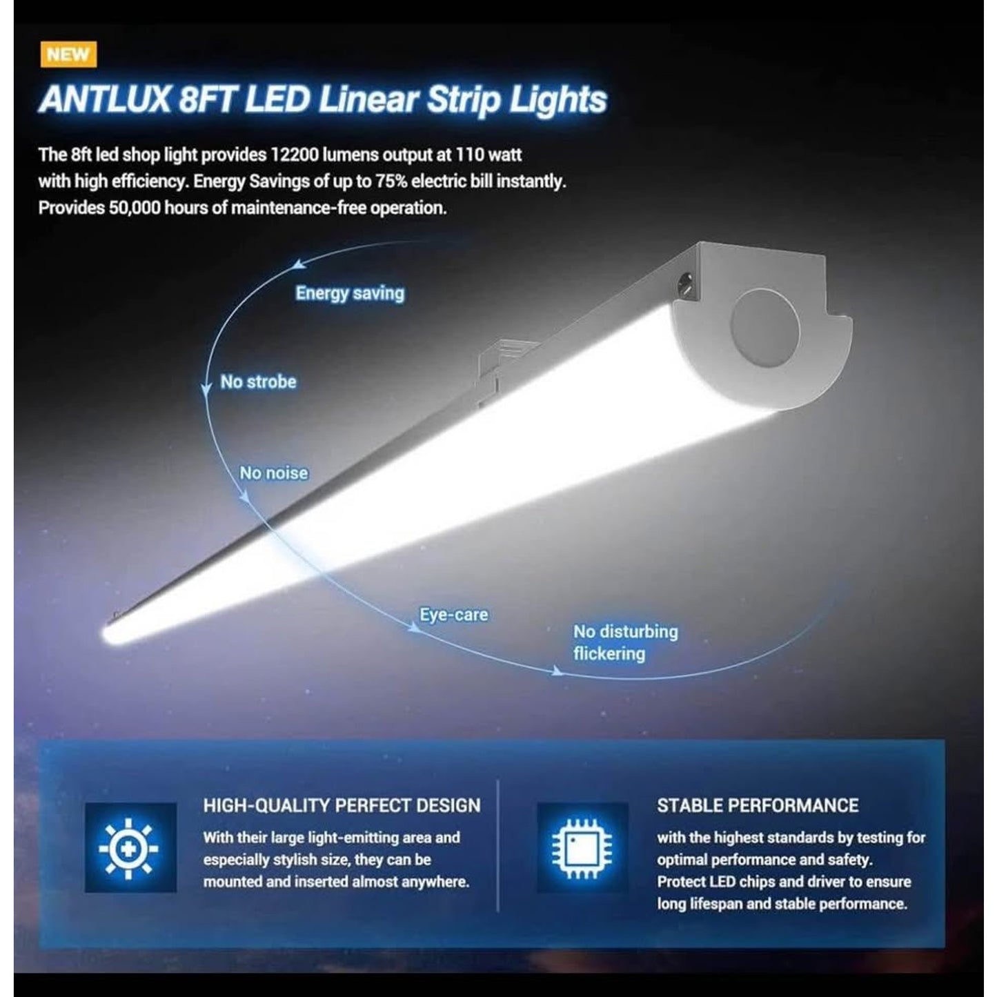 ANTLUX 8FT LED Shop Lights 110W Strip Lights [6-lamp T8 Fluorescent Equiv.], 12000LM, 5000K, Compact