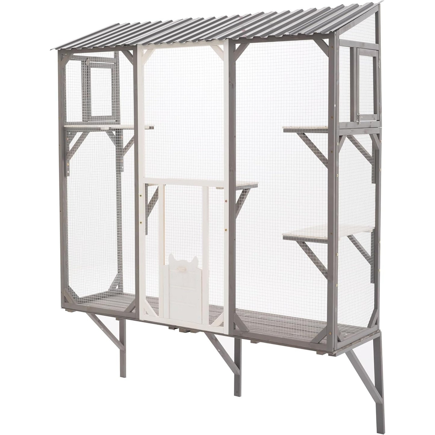 Window Mounted Cat Enclosure Outdoor Catio with 4 Platforms, Wooden, Wire Mesh, Grey & White