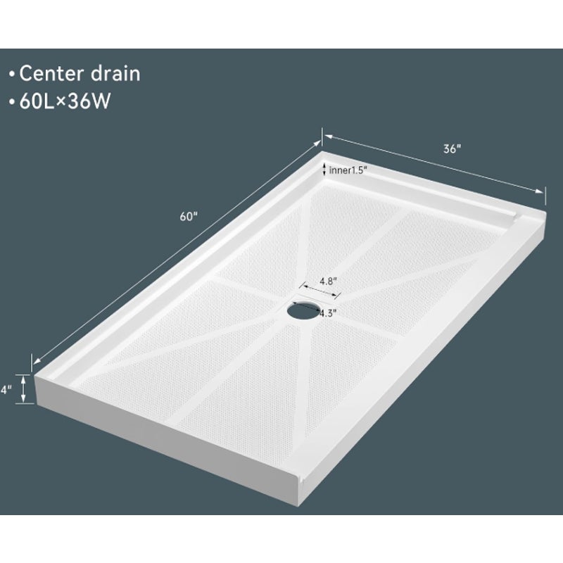 Findepot 60''L X 36''W X 4''H SMC Rectangle Shower Pan, Center Drain, White Single Threshold Shower