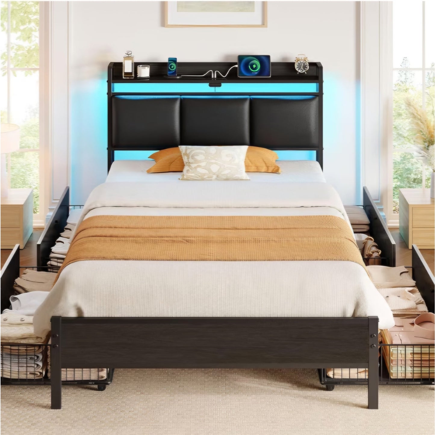 Rolanstar Bed Frame Twin Size with Charging Station and LED Lights