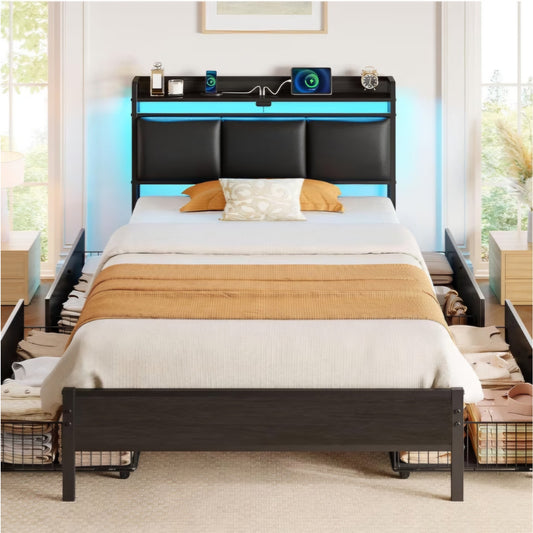 Rolanstar Bed Frame Twin Size with Charging Station and LED Lights
