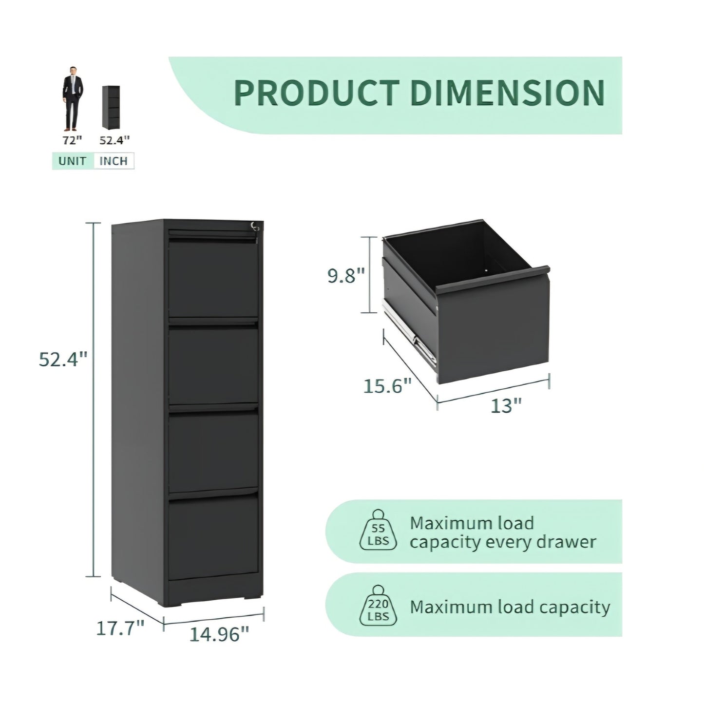File Cabinet 4 Drawer with Lock, Vertical Filing Cabinets for Home Office, Metal Steel Storage Cabi