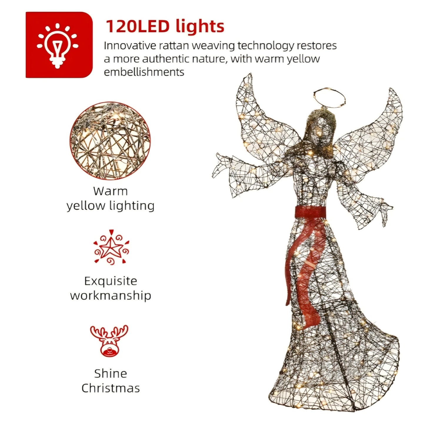 5' Rattan Angel Christmas Decoration for Outdoor - Lighted Angel Christmas Decoration with 120 LED