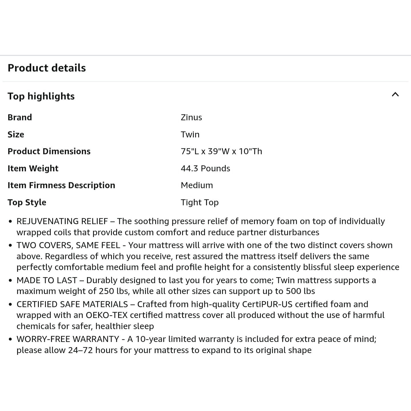 ZINUS 10 Inch Comfort Support Hybrid Mattress [New Version], Twin, Fiberglass Free, Medium Plush,