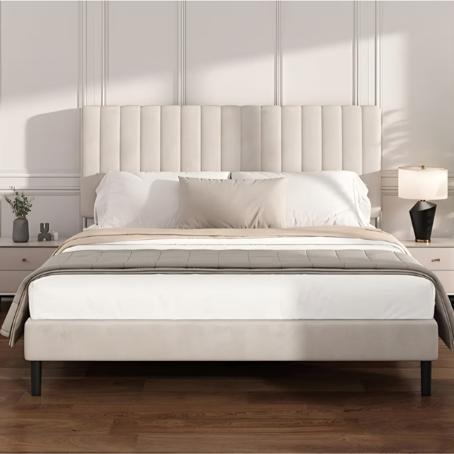 Queen Size Platform Bed Frame with Vertical Channel Tufted Headboard