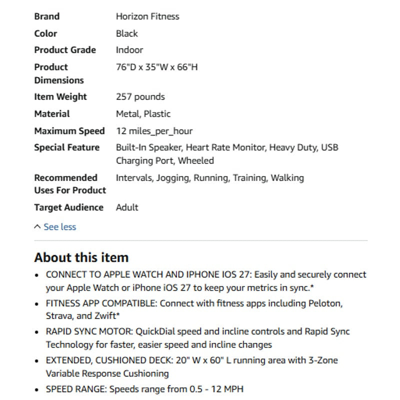 Horizon Fitness Treadmill, Top speed 12.0, Apple watch connection