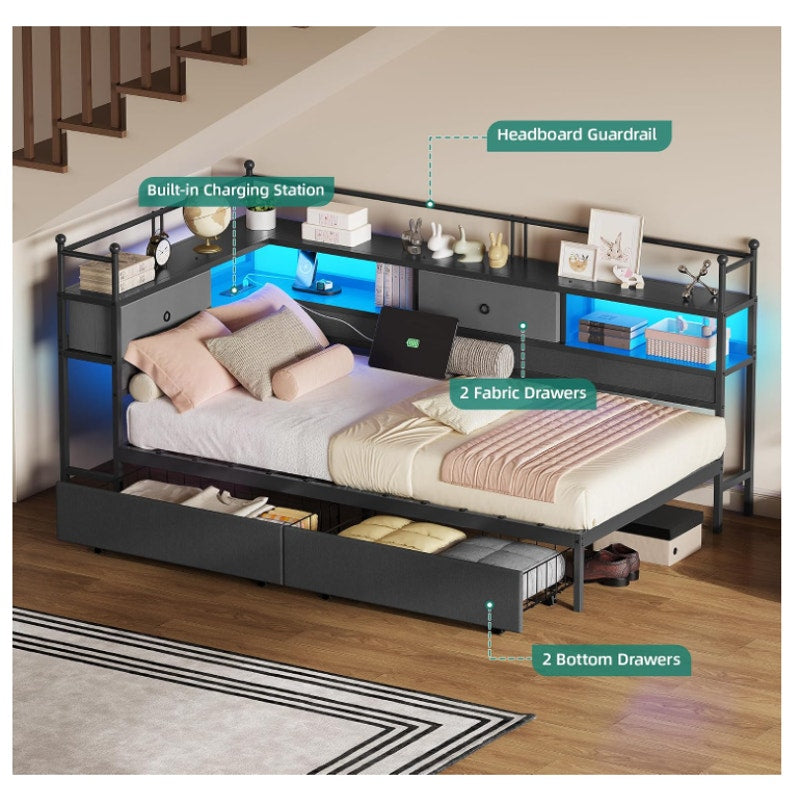 YITAHOME Twin Corner Bed Frame with Bookcase Storage and Led Lights