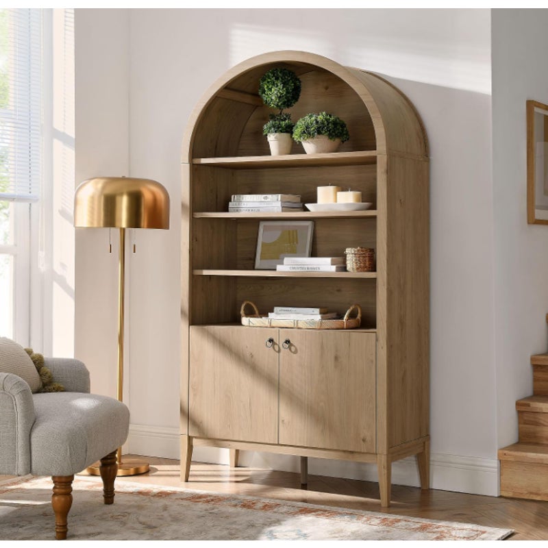 Modway Nolan Tall Arched Storage Display Cabinet in Light Oak - 74 Inch Arch Bookshelf