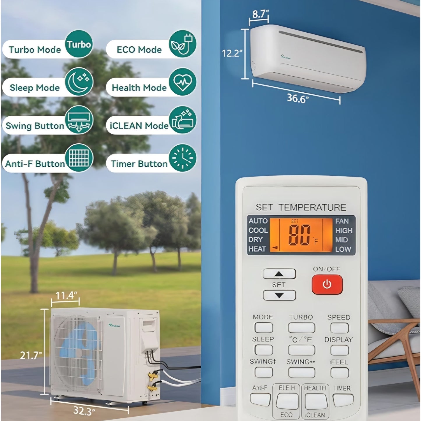 18000 BTU Mini Split Air Conditioner Heat Pump System, Wifi Enabled 19 SEER2 208-230V