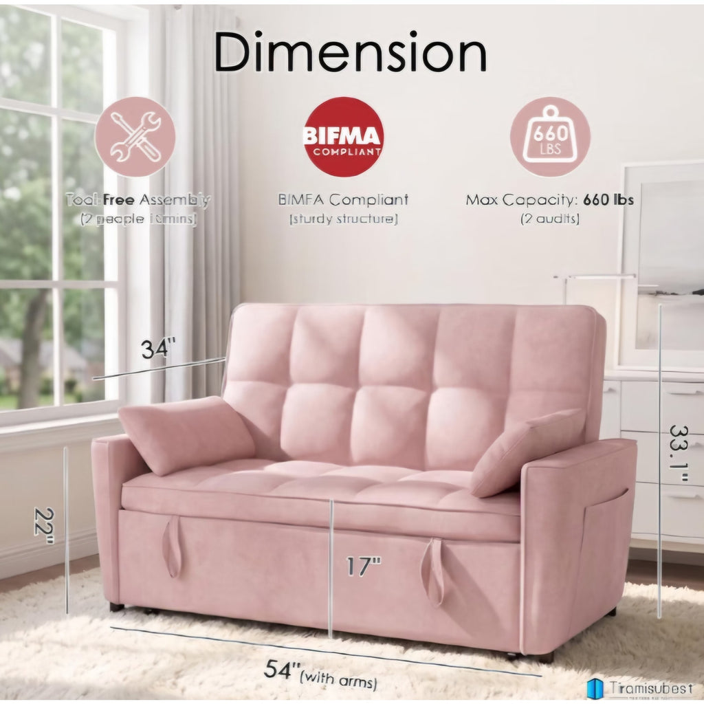 54'' Sleeper Sofa Bed, Convertible Pull Out Couch Futon for for Living Room,Apartment Pink Loveseat