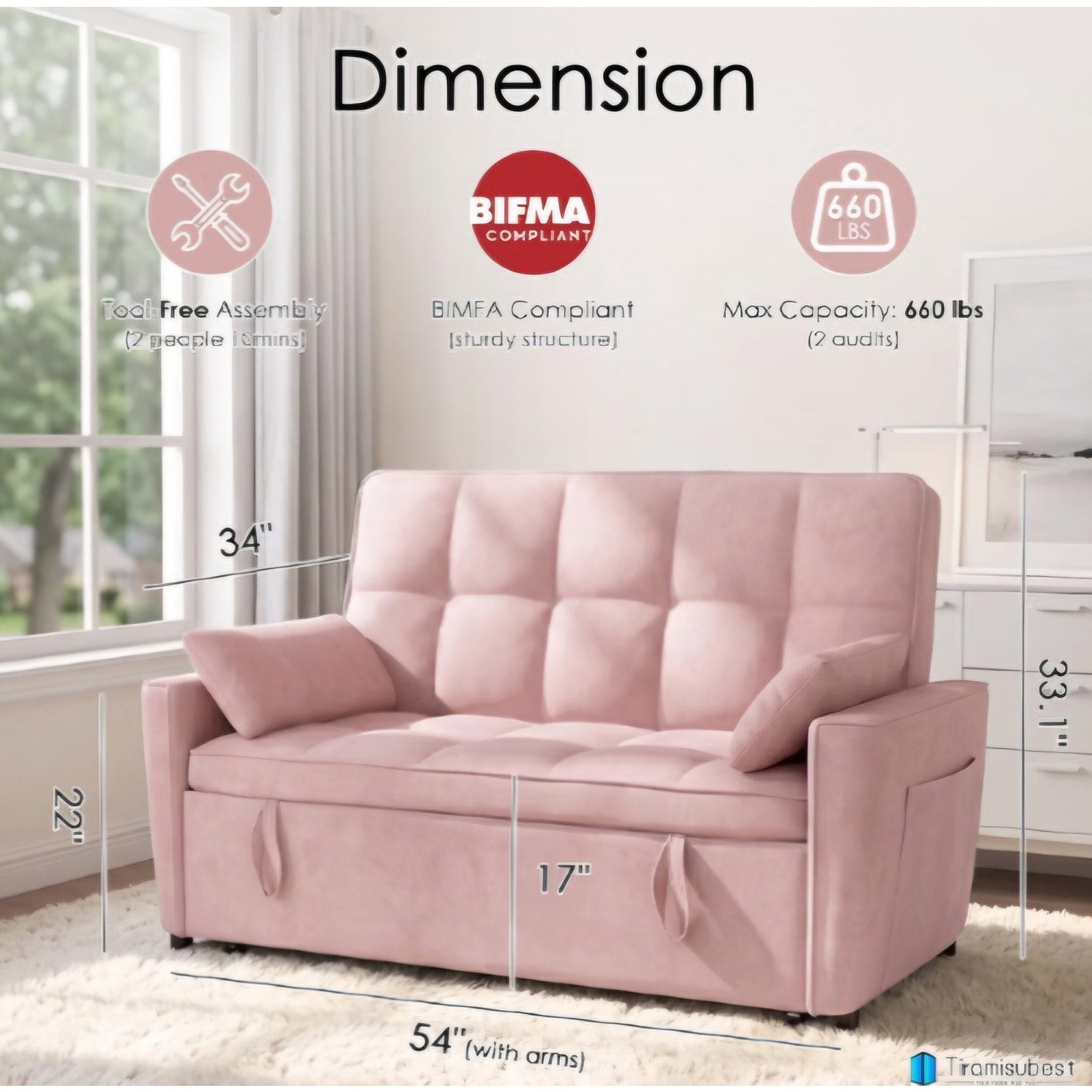 54'' Sleeper Sofa Bed, Convertible Pull Out Couch Futon for for Living Room,Apartment Pink Loveseat