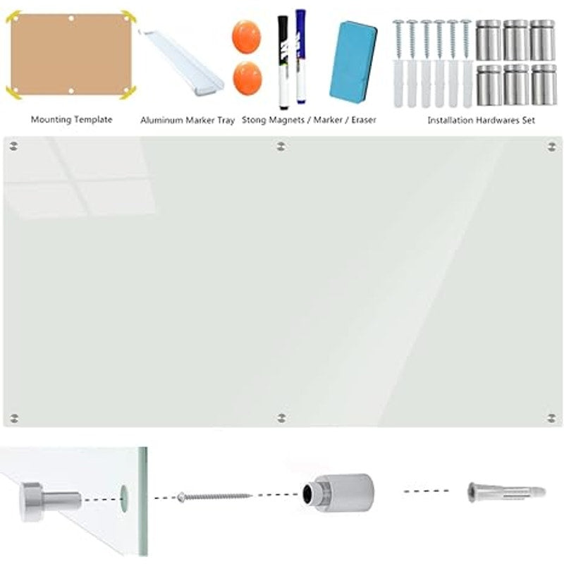 Glass Whiteboard 6'x4', Magnetic Glass Dry Erase, Frameless Wall Mounting, for Office Home & School