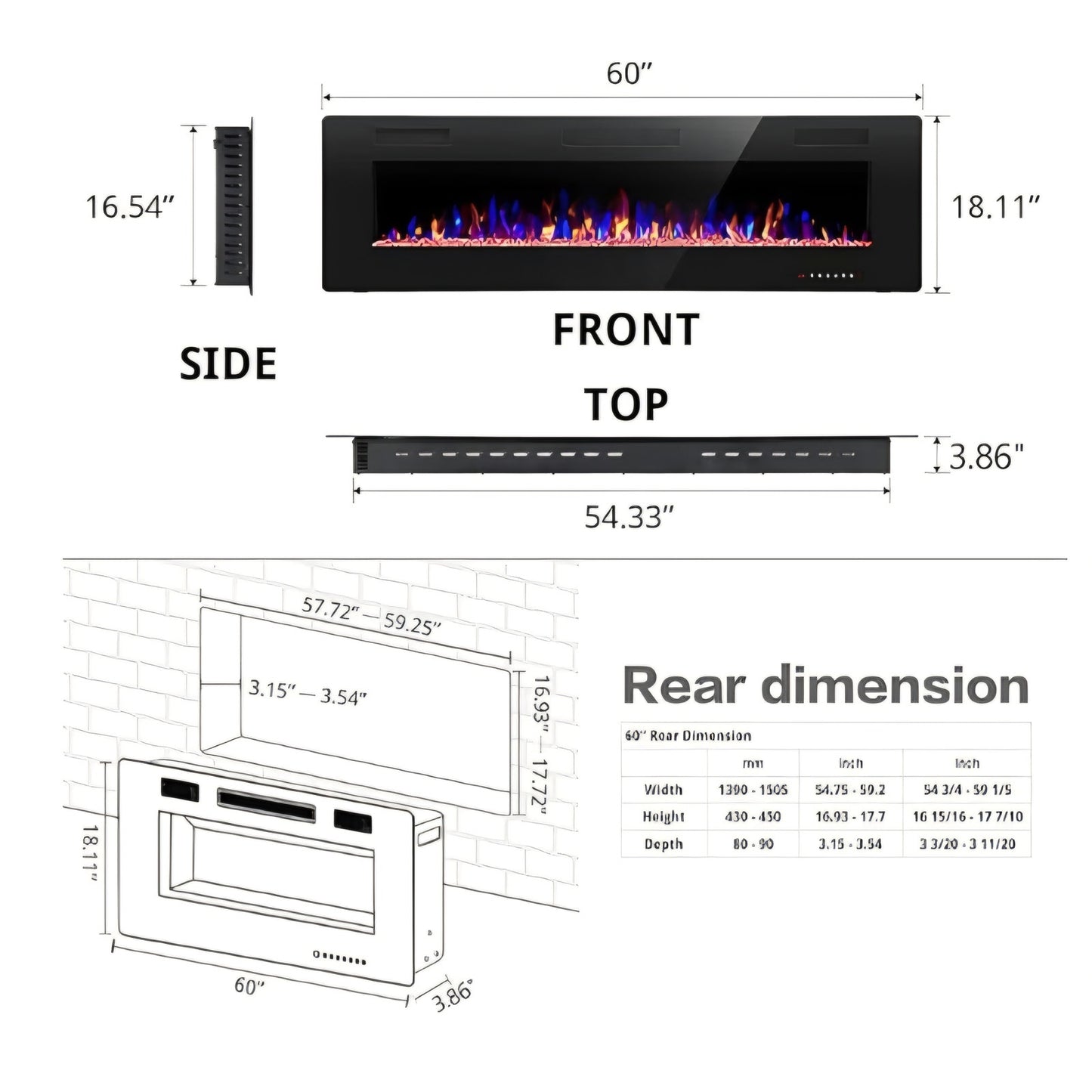 60" Recessed and Wall Mounted Electric Fireplace, Low Noise, Fit for 2 x 6 Stud, Remote Control