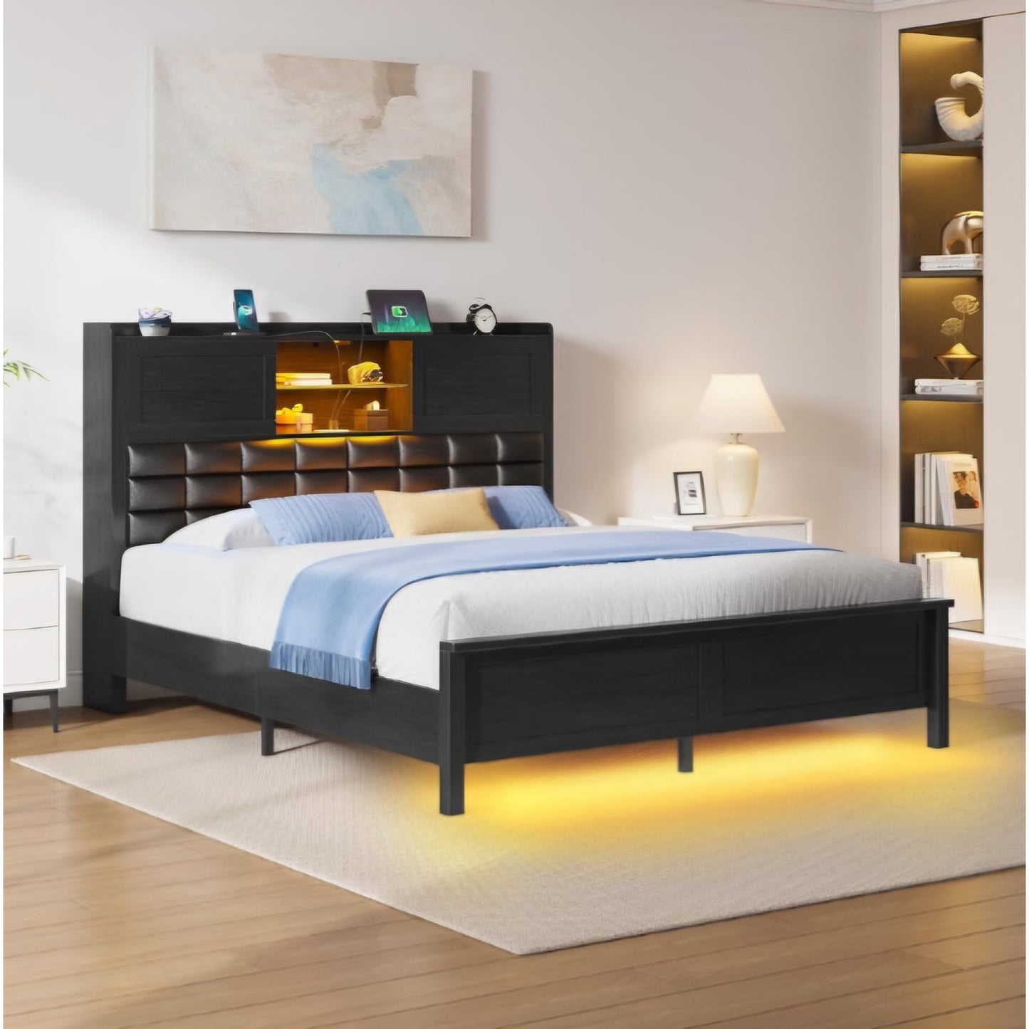 Rolanstar Bed Frame Full Size with Charging Station, Bookcase Headboard Bed with LED Light