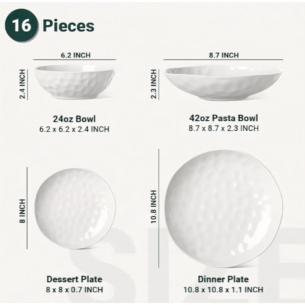HOMBENE Large Dinnerware Set 16 Piece Service for 4, Plates and Bowls Sets, High-fired at 2372°F