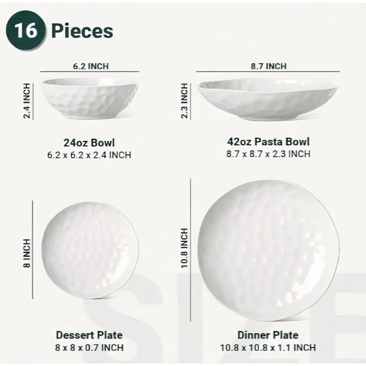 HOMBENE Large Dinnerware Set 16 Piece Service for 4, Plates and Bowls Sets, High-fired at 2372°F