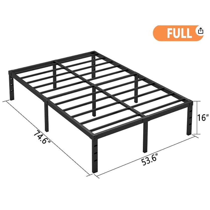 Hafenpo 16 Inch Full Bed Frame, Under Bed Storage, Black | Sturdy Metal Platform Full Size